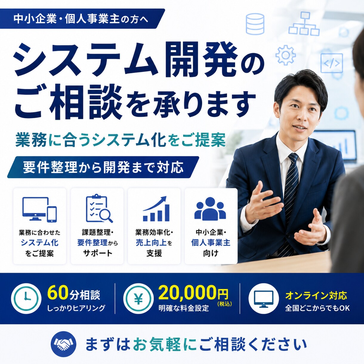システム開発相談を承ります 要件整理から対応します 業務に合うシステム化の方向性を整理します イメージ1
