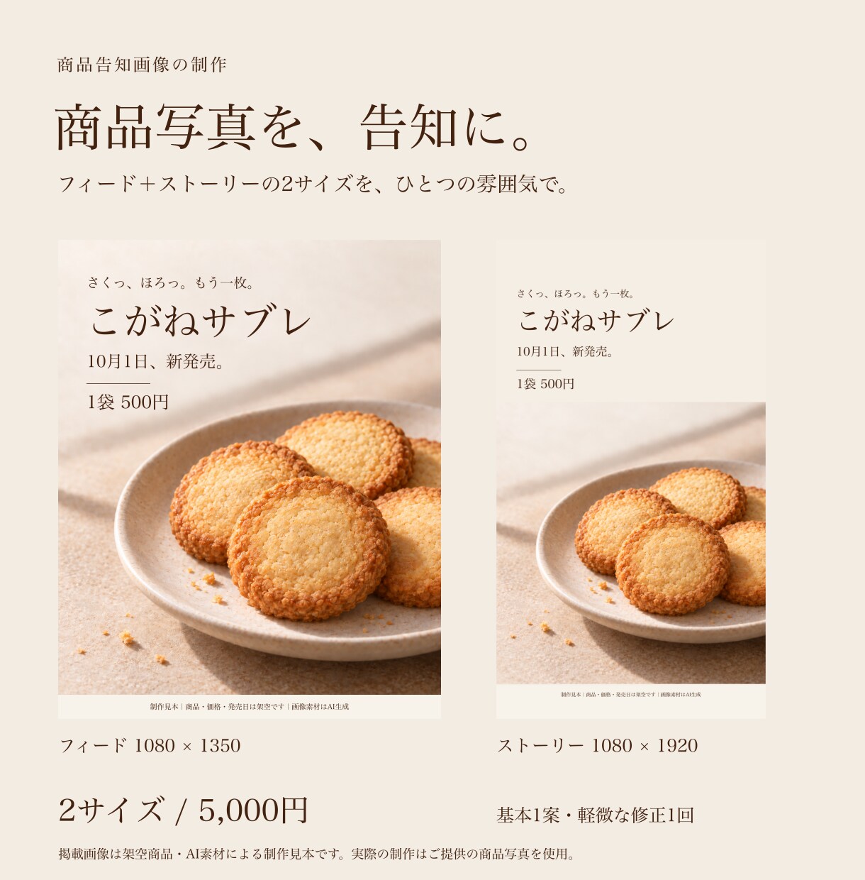 商品写真からSNSの告知画像を2サイズ作ります 写真と掲載内容を送るだけ。統一感のある告知に イメージ1