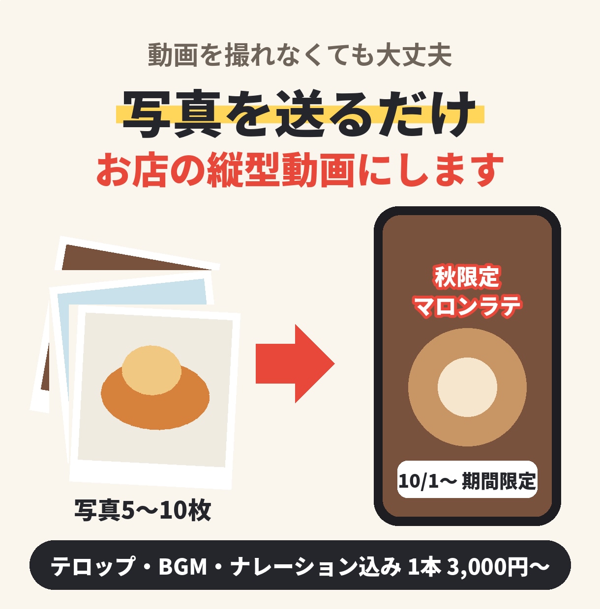写真だけでお店の縦型PR動画を作ります 【10/31まで】初回モニターは2本で3,000円 イメージ1