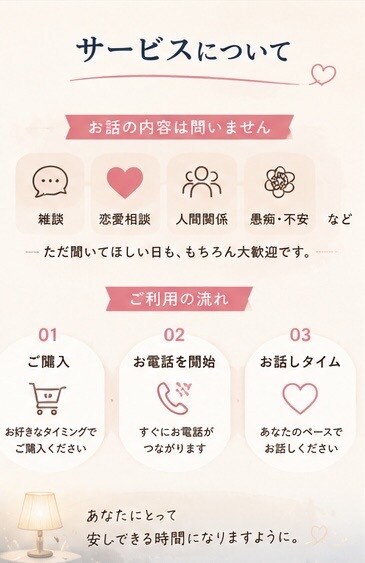 ５分でもOK 。ただ話したい時、お聞きします 疲れた日、誰かと少し話したい時ありませんか？ イメージ2