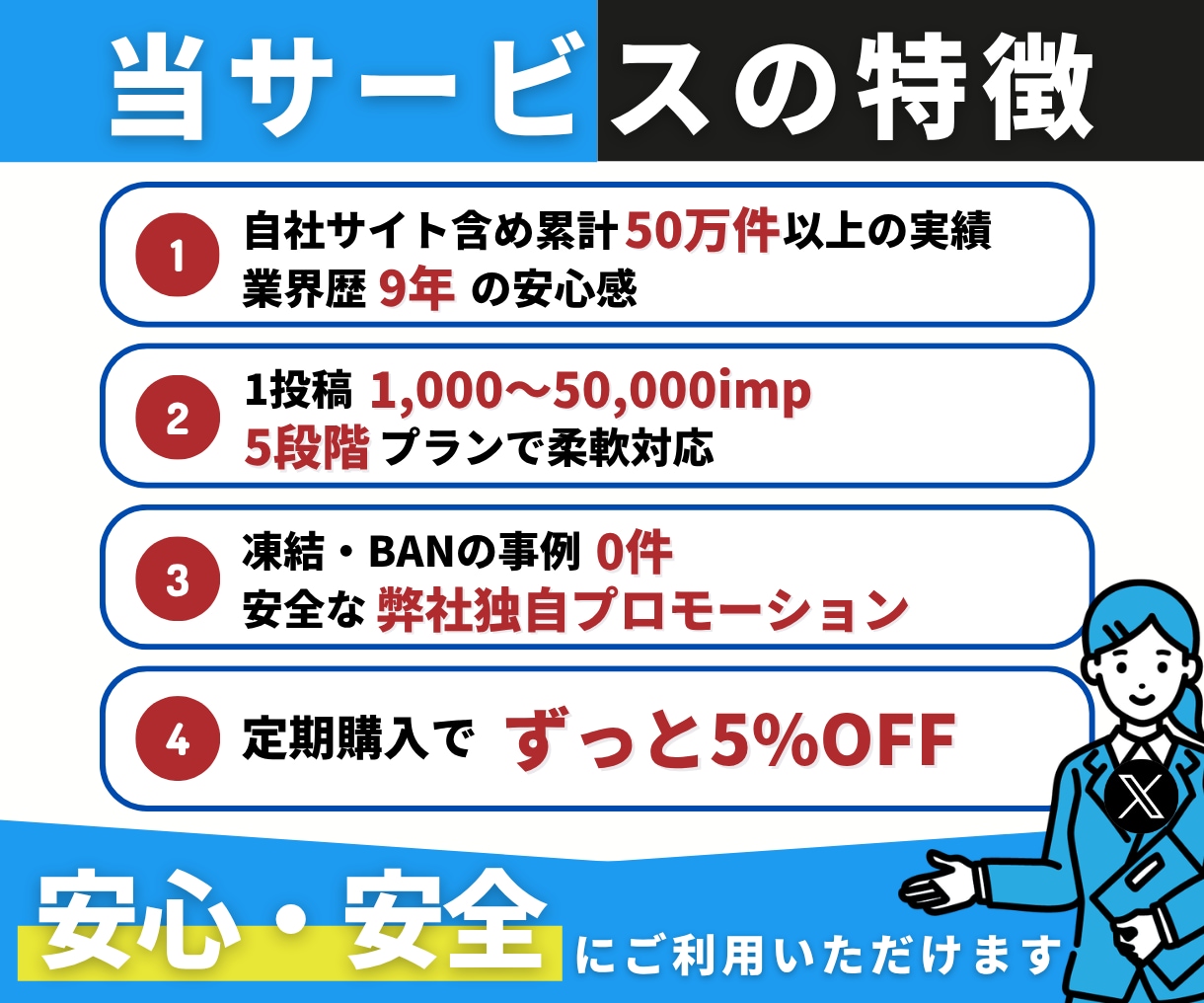 X【月額・30日間】インプレッション増加します 1投稿1,000〜50,000imp対応｜月額30日間｜安心 イメージ4
