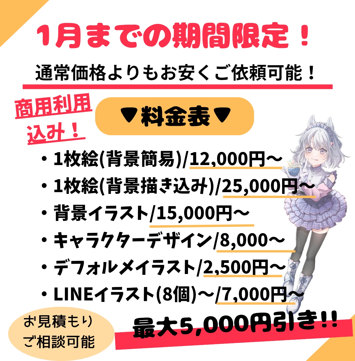 1月までの特別価格！イラスト制作します 商用利用可能なイラストが通常価格よりも最大5,000円引き！ イメージ2