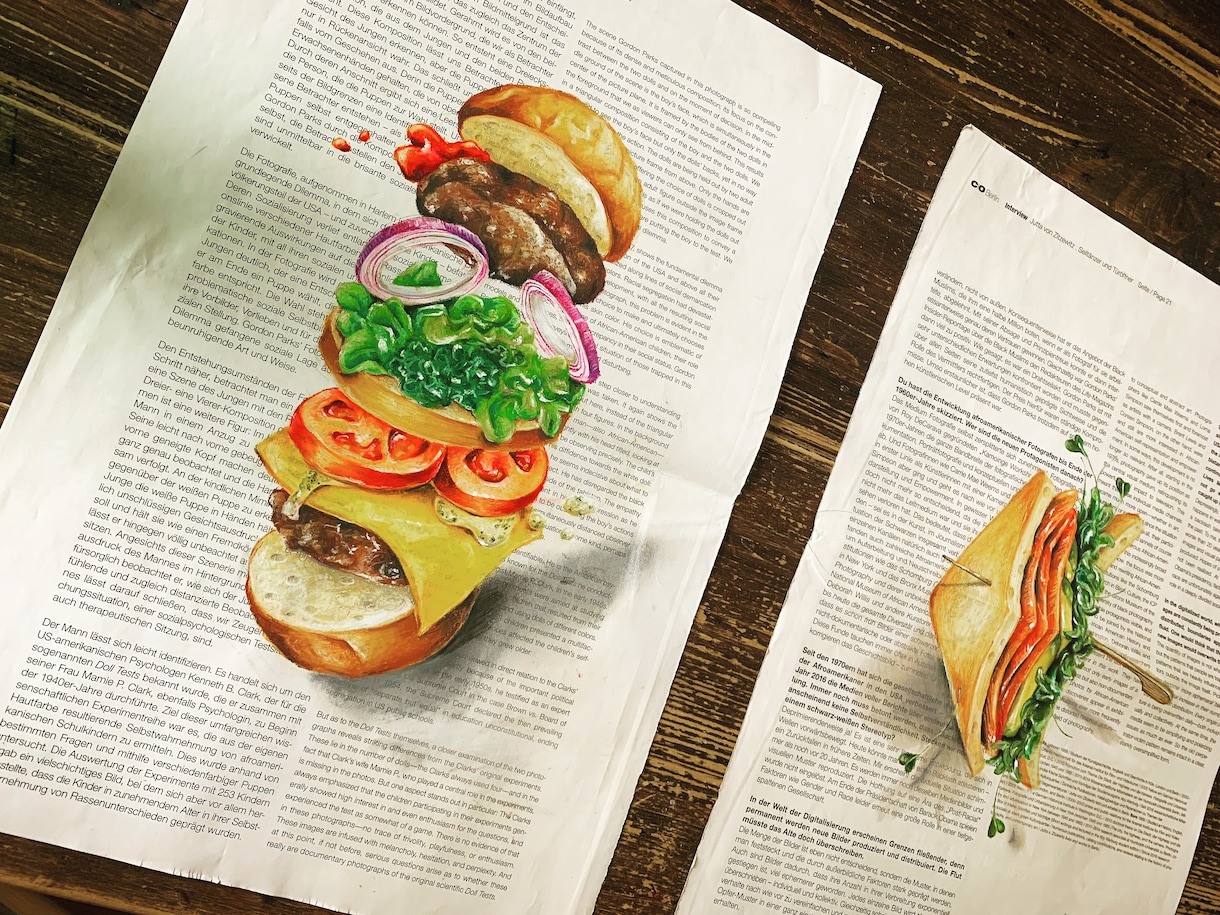 新聞紙にフードイラスト描きます ベルリンで人気のNewspaper Art イメージ5