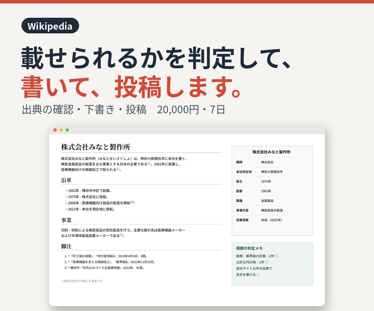 Wikipediaの記事を書いて投稿します 載せられるかを先に判定。出典をもとに書いて投稿します イメージ1