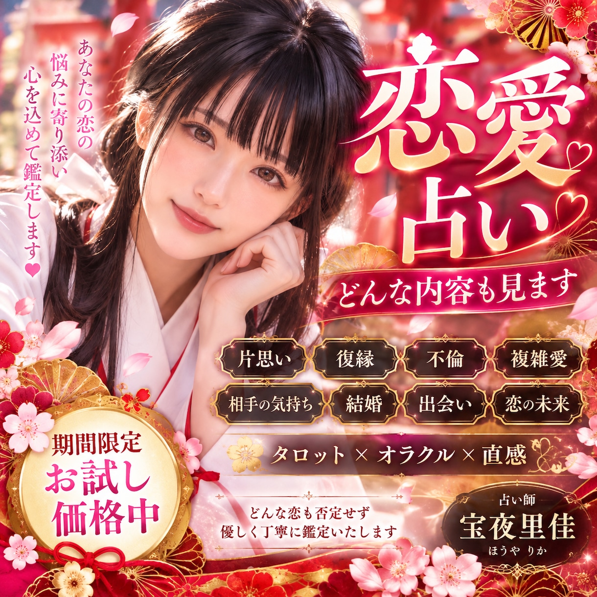 恋愛⛩ジャンル問わず丁寧に占います 10月末まで限定価格❣️片思い・復縁歓迎♡お相手の気持ち イメージ1