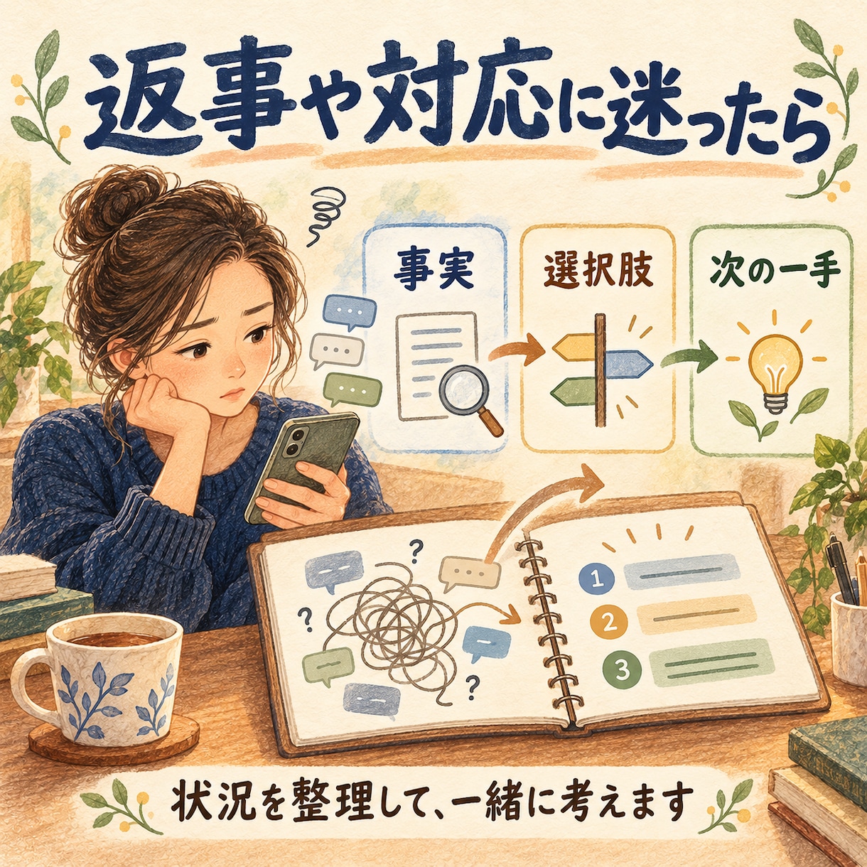 人とのやり取りで返事や対応を一緒に整理します 返事や対応に迷ったとき、事実・選択肢・伝え方を整理します イメージ1