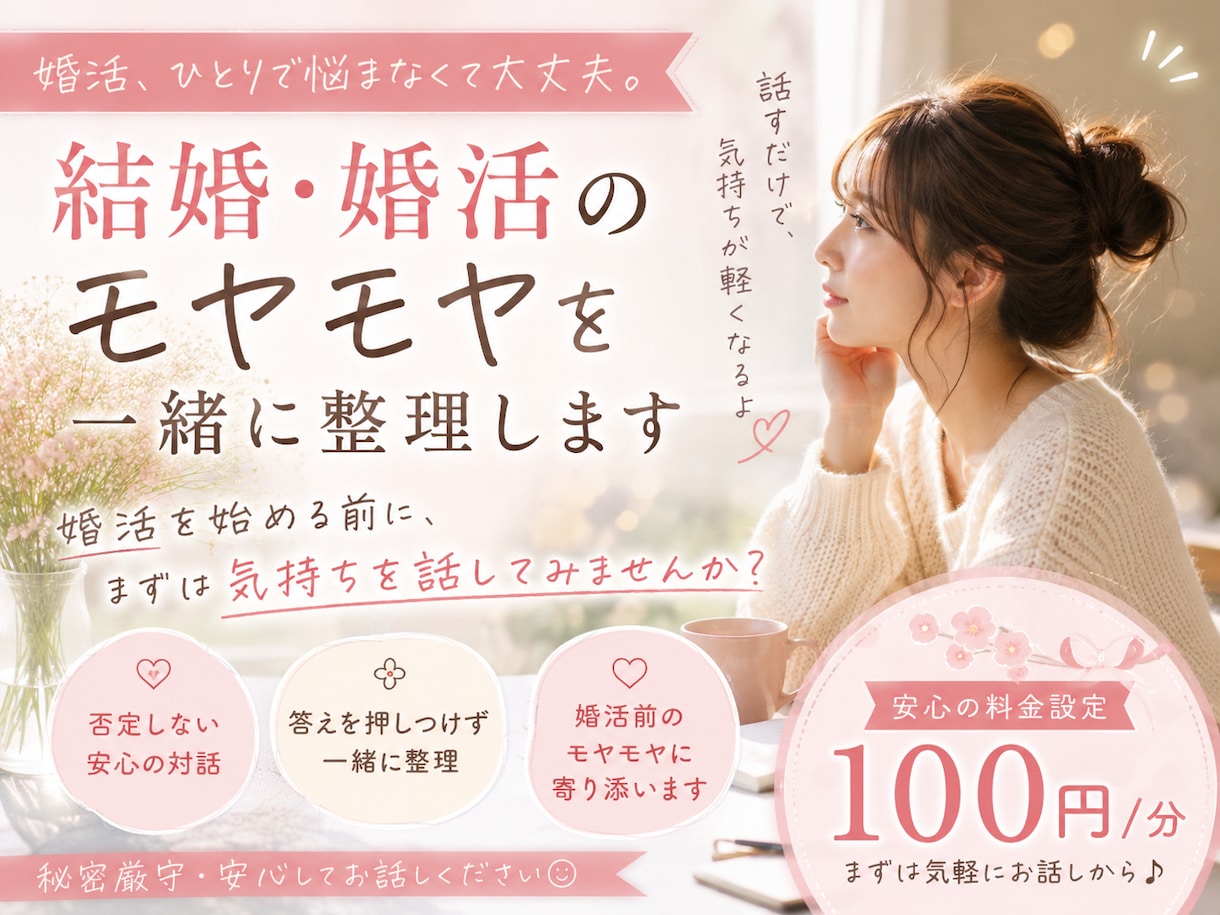 結婚・婚活のモヤモヤを一緒に整理します 婚活を始める前に、まず気持ちを話してみませんか？ イメージ1