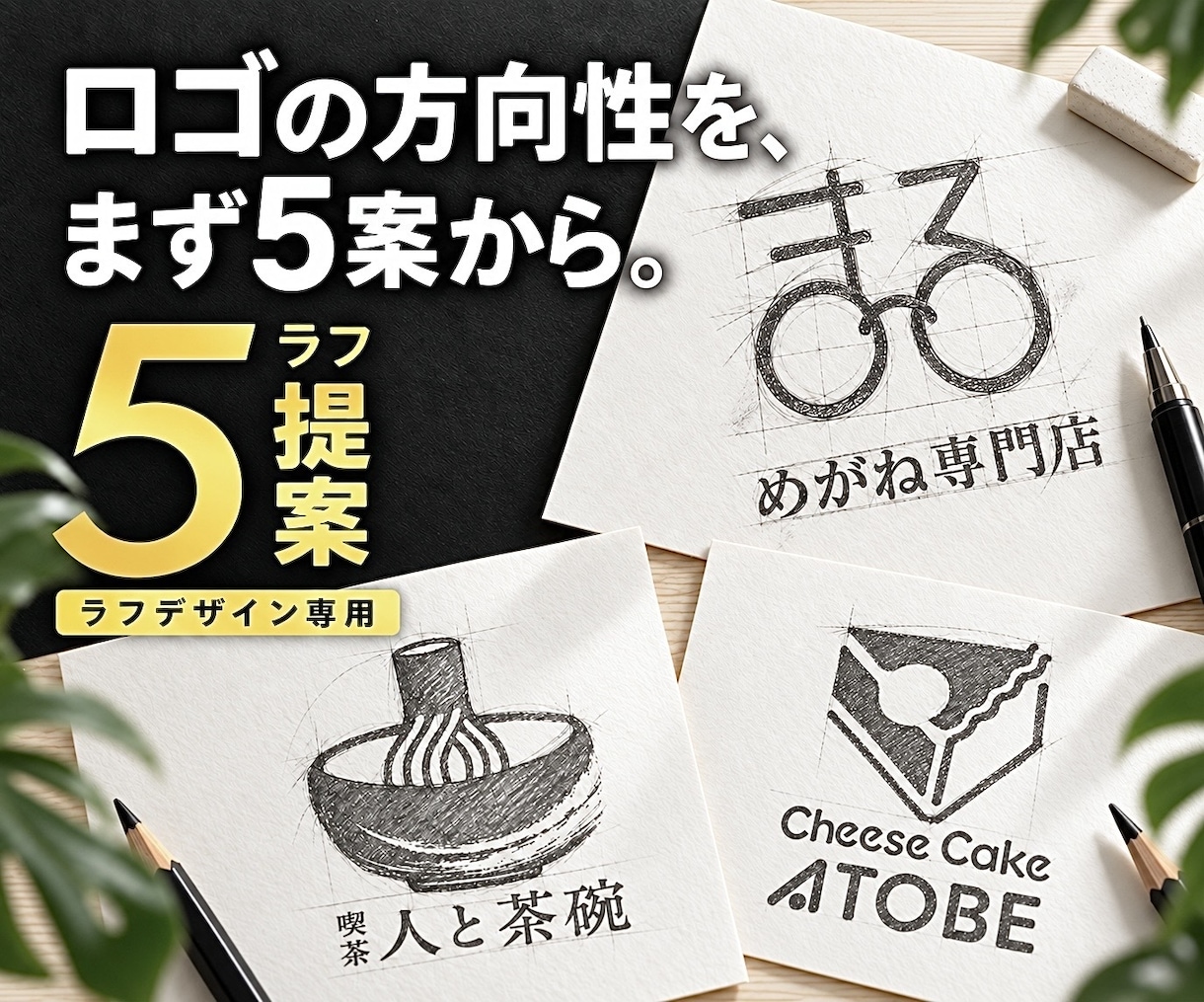 ロゴの方向性を探るラフデザイン5案をご提案します 事業への想いを整理し、異なる5案を制作意図とともにご提案 イメージ1