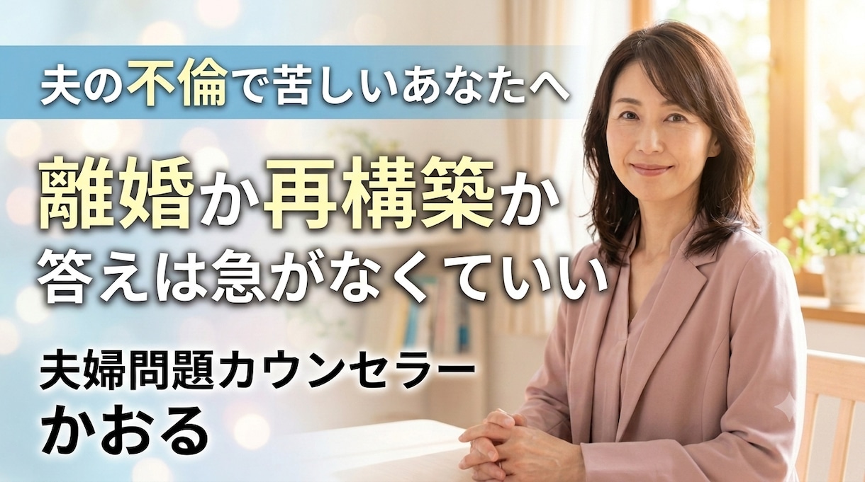 夫の不倫で苦しい妻へ｜再構築・離婚の迷い整理します 答えを急がなくて大丈夫｜一人で抱えないで イメージ1