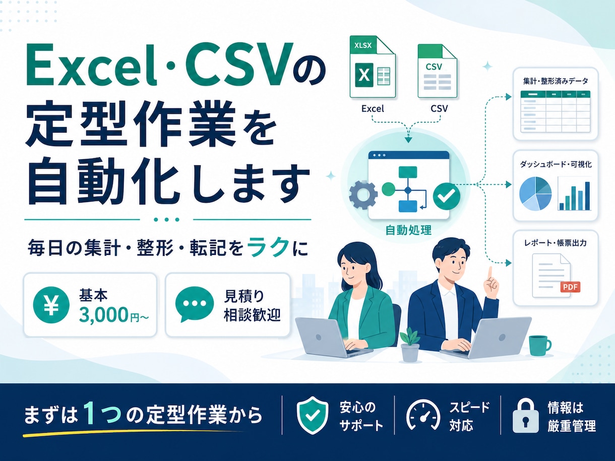 Excel・CSVの定型作業を自動化します ～毎日の集計・整形・転記をラクにします～ イメージ1