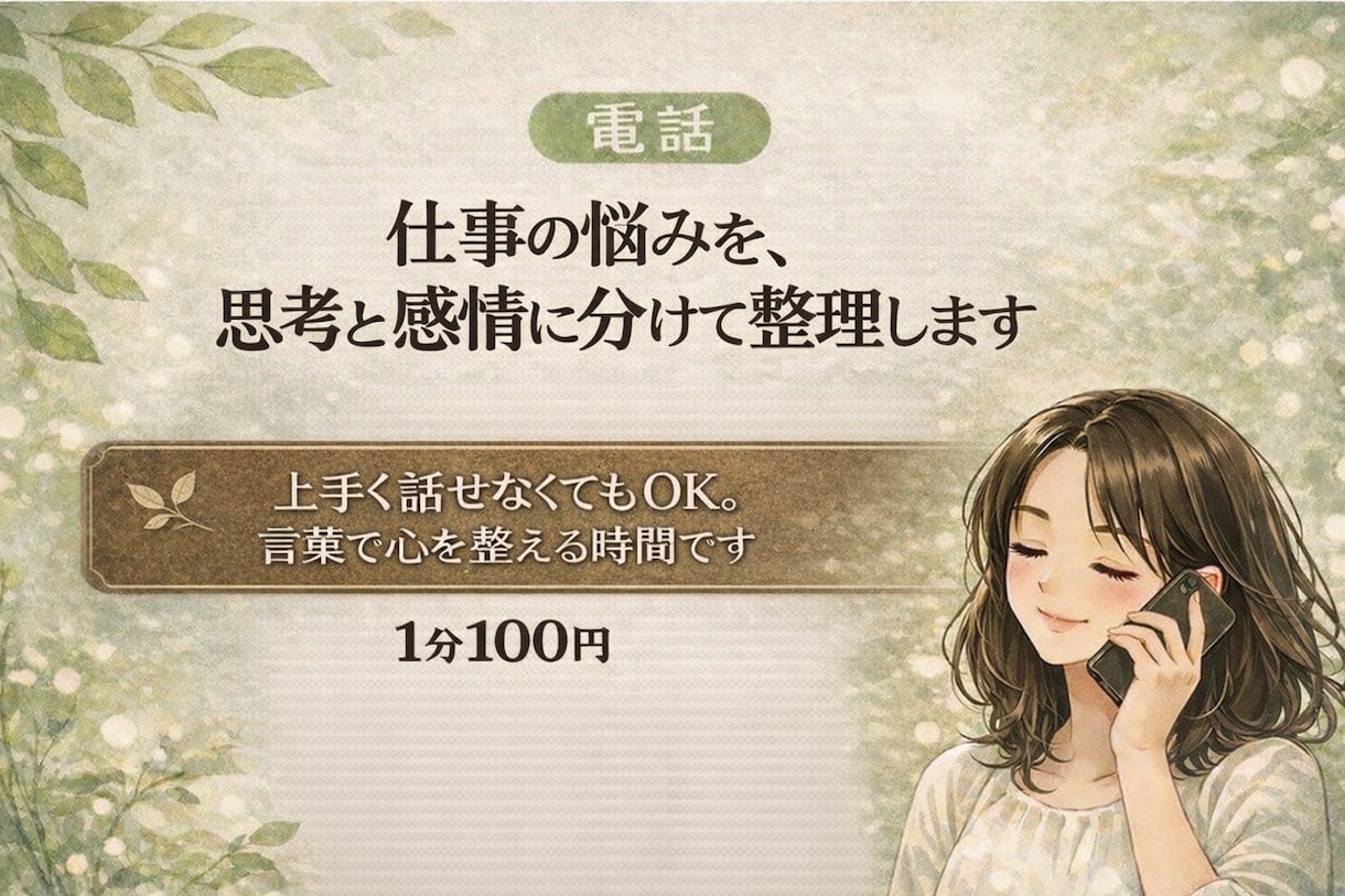 仕事の悩みを、感情と思考に分けて整理しまます 【電話】上手く話せなくてもOK。言葉で心を整える時間です。 イメージ1
