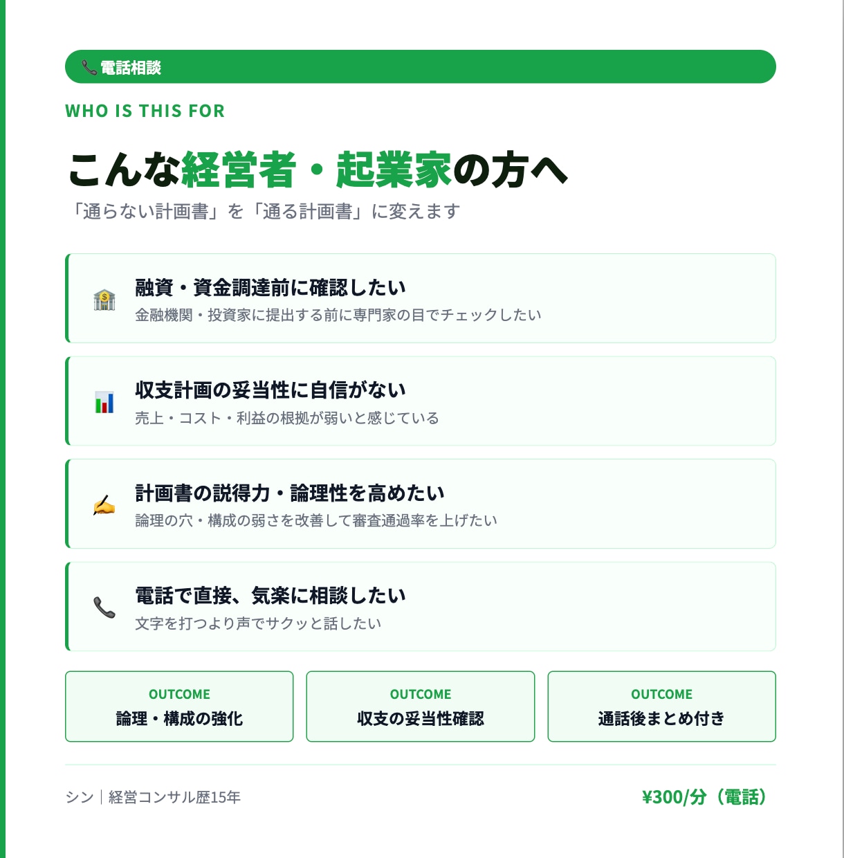 電話相談：事業計画書お悩みプロが電話でお答えします 通る計画書と通らない計画書の違い15年の経験からお伝えします イメージ2