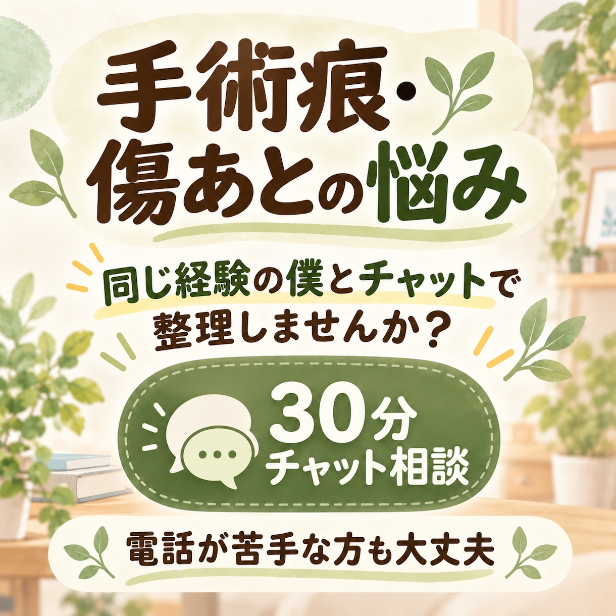 手術痕・傷跡の悩みをチャットでお聞きします 誰にも言えない傷の悩み、経験者の私だからわかる安心できる場所 イメージ1