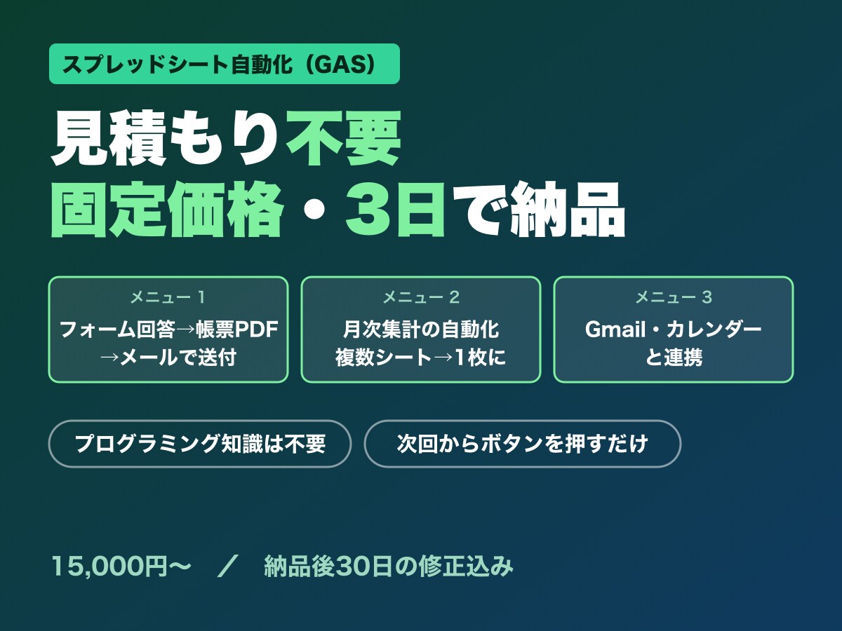 スプレッドシート自動化｜固定価格・3日で納品します 見積もり不要。3つの定型メニューを固定価格・3日でお届け イメージ1