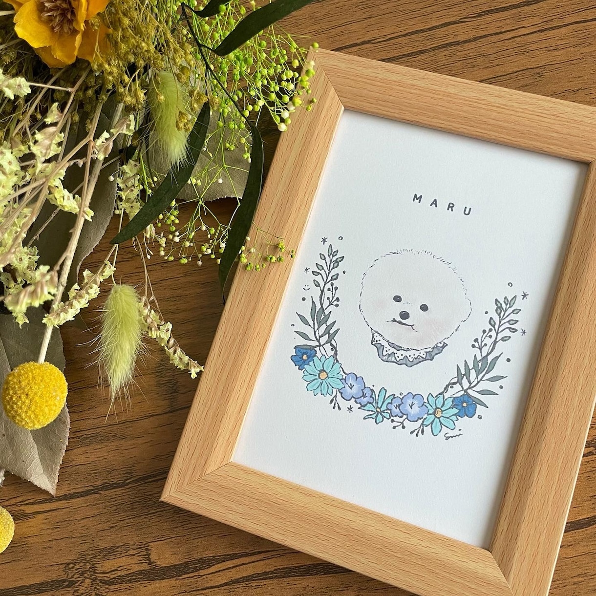 ほっこり優しいタッチのペット似顔絵描きます 華やかなお花のフレームイラスト付き♪インテリアにもアイコンに イメージ2