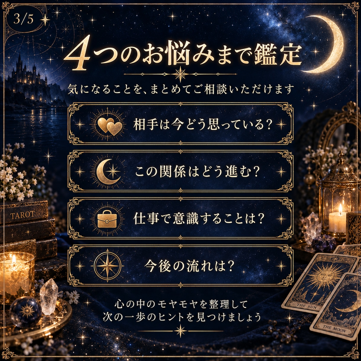 恋愛占い タロットで4つのお悩みを読み解きします 恋愛の不安や迷いを整理し、恋愛成就の一歩のヒントを探します イメージ3