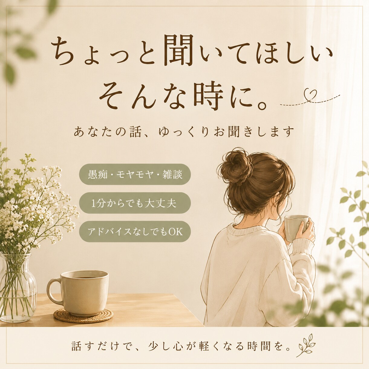 あなたの話、ゆっくりお聞きします 愚痴も雑談も。1分から気軽に話せる場所です◎ イメージ1