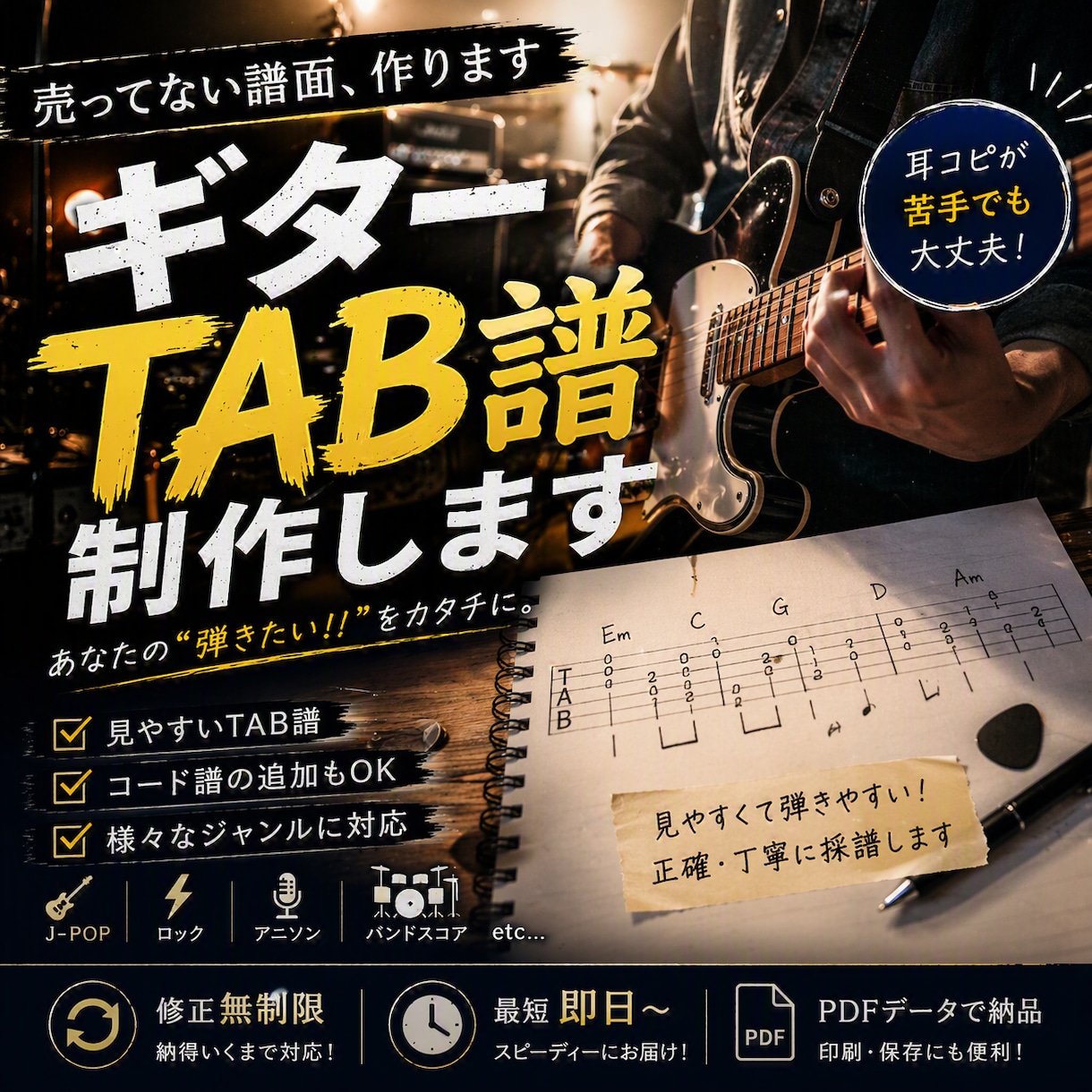 耳コピでギターTAB譜作成いたします TAB譜で弾きたい曲を弾けるようにサポートします！！ イメージ1