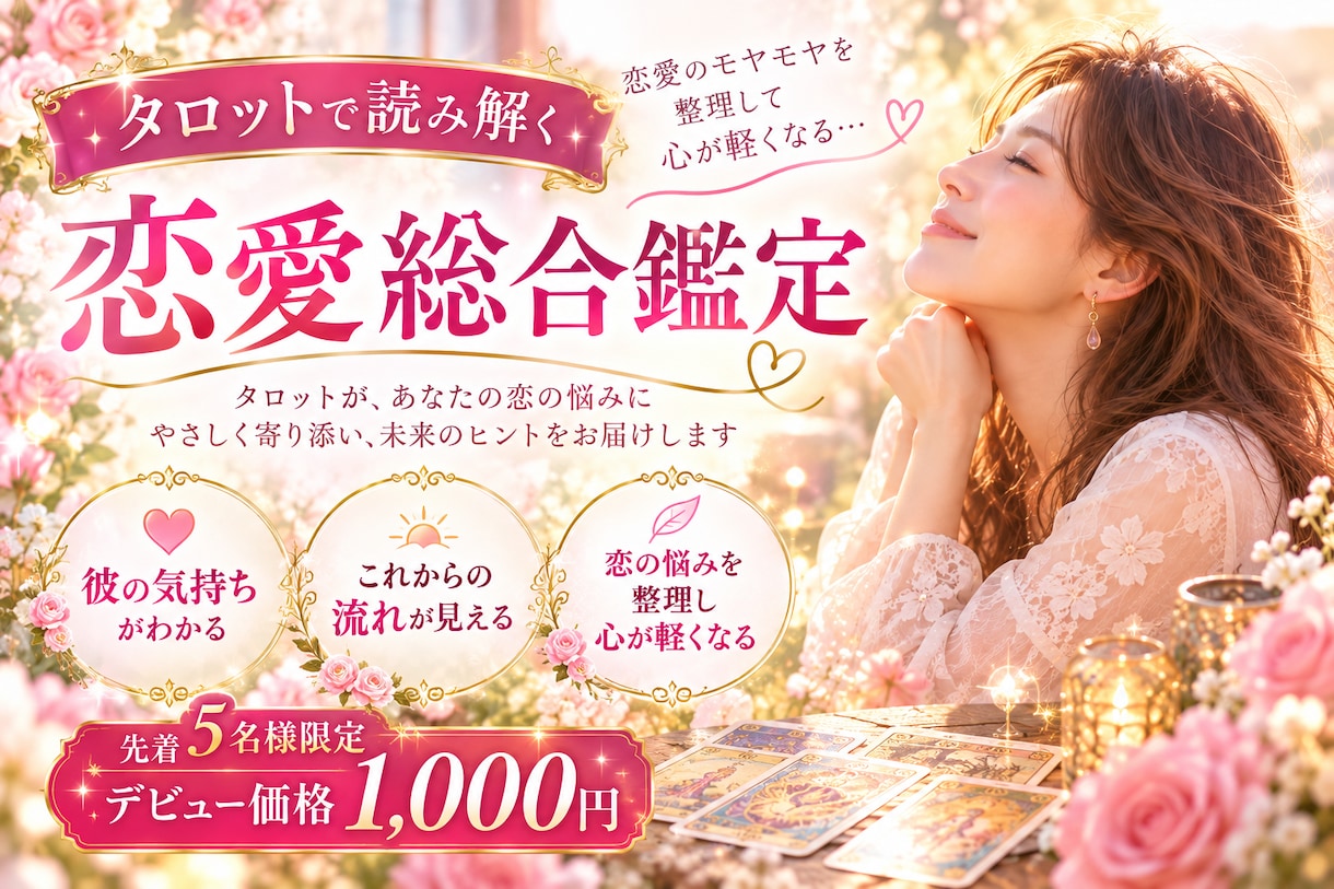 デビュー限定価格‼️恋愛をタロットで読み解きます 【期間限定1,000円】心が軽くなる恋愛総合鑑定 イメージ1