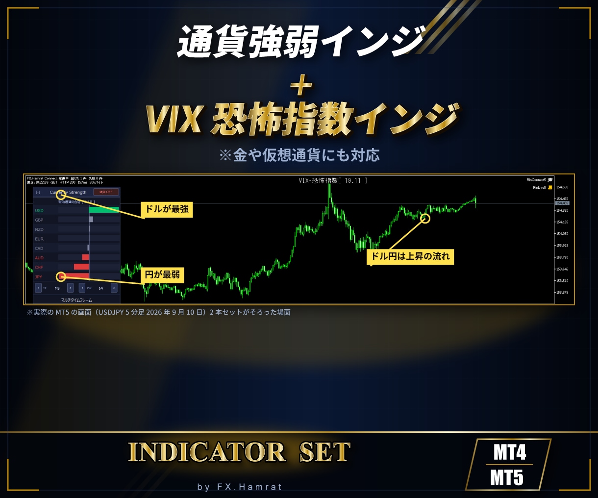 通貨強弱とVIX恐怖指数のインジセット販売します 通貨強弱は金や仮想通貨にも対応、VIXはサブウインドウで！ イメージ1