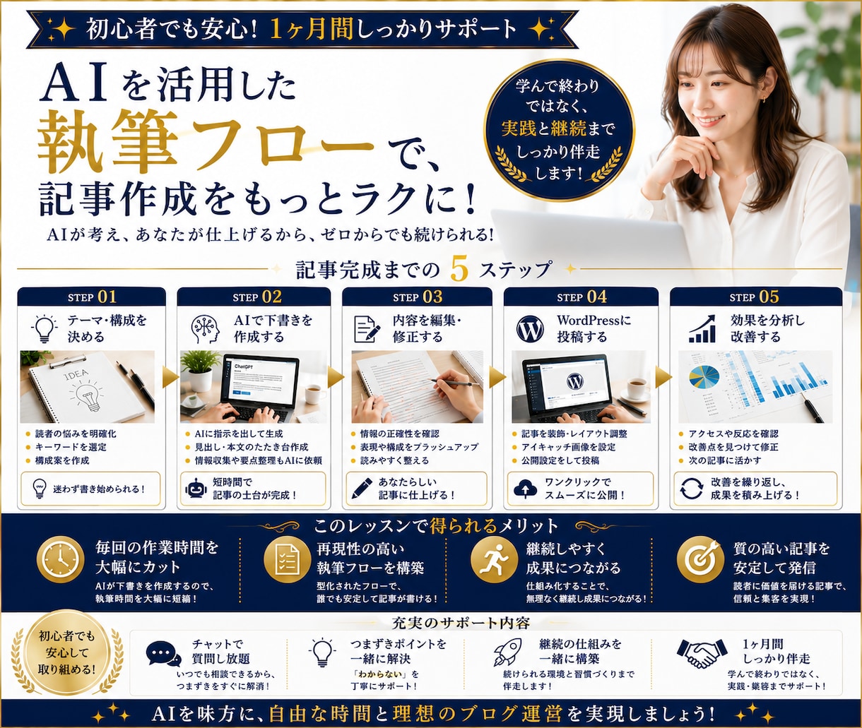 AIで記事を書き続ける仕組みを一緒に作ります AI任せではなく、あなた専用の執筆フローを一緒に設計します イメージ8