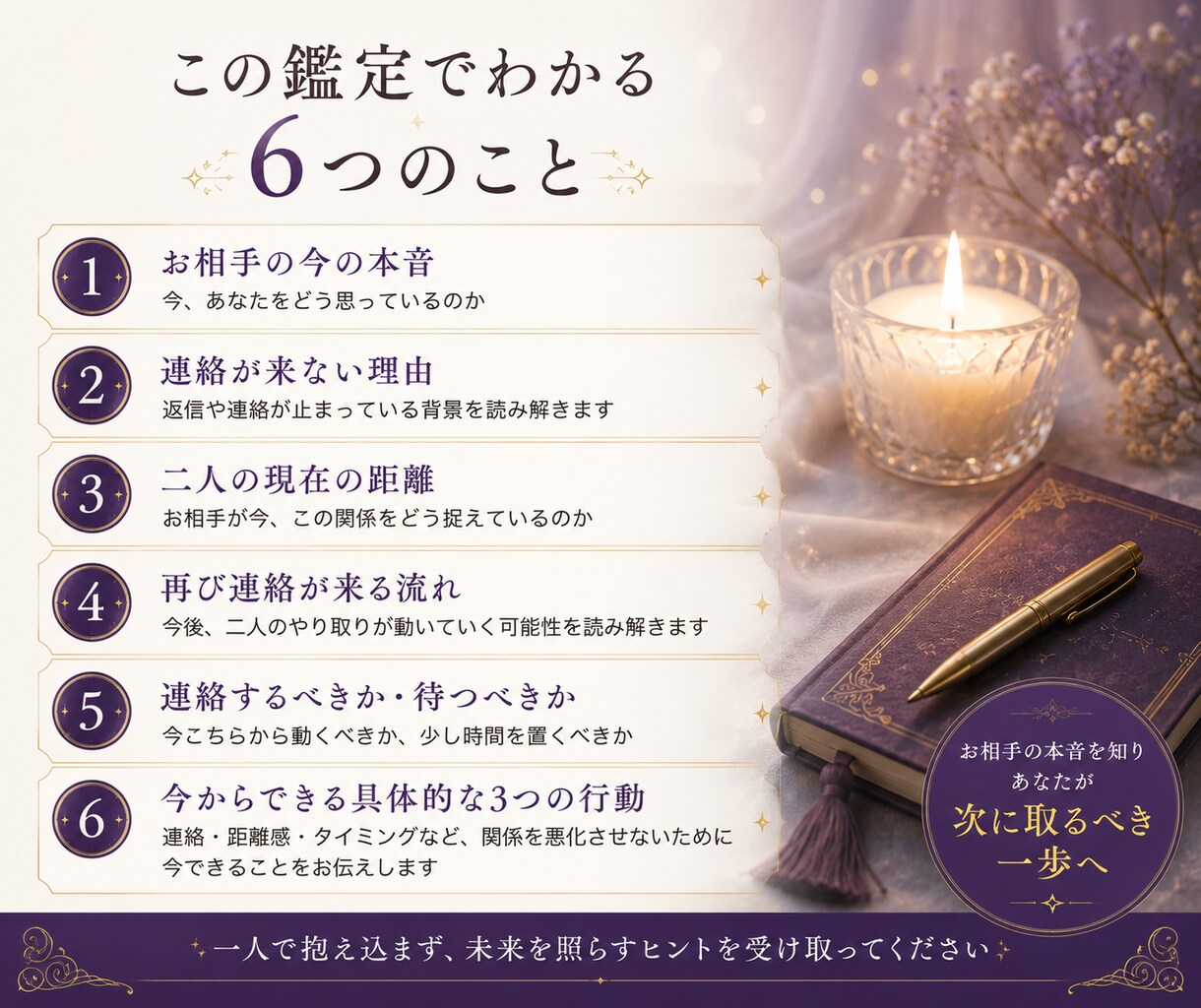 連絡が途絶えたお相手の本音と今後を鑑定します なぜ連絡が来ない？あの人の本音と次の一歩を読み解きます イメージ2