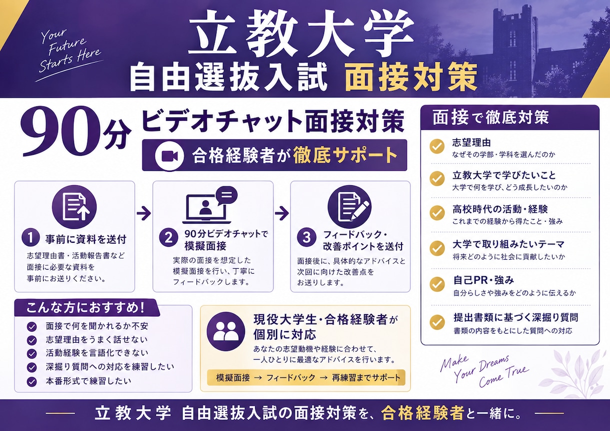 立教大学 自由選抜入試 90分面接対策します 現役慶應生が立教大学自由選抜入試の面接対策を行います イメージ1