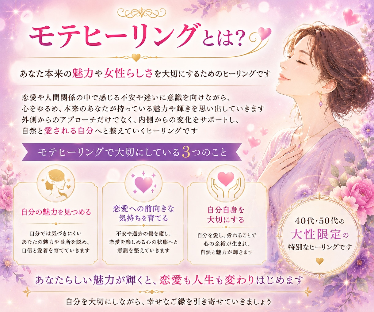 女性の魅力を高めるモテヒーリングでモテさせます 自分らしい魅力に気づくきっかけと自信をサポートします イメージ3