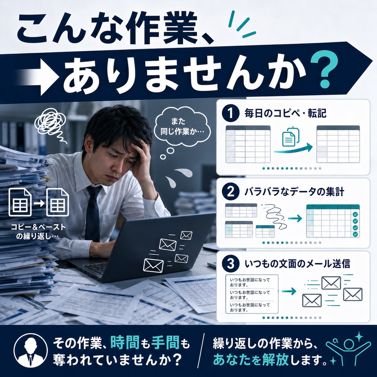 毎日の手作業、ボタンひとつに変えます 集計・転記・メール送信を自動化 イメージ2