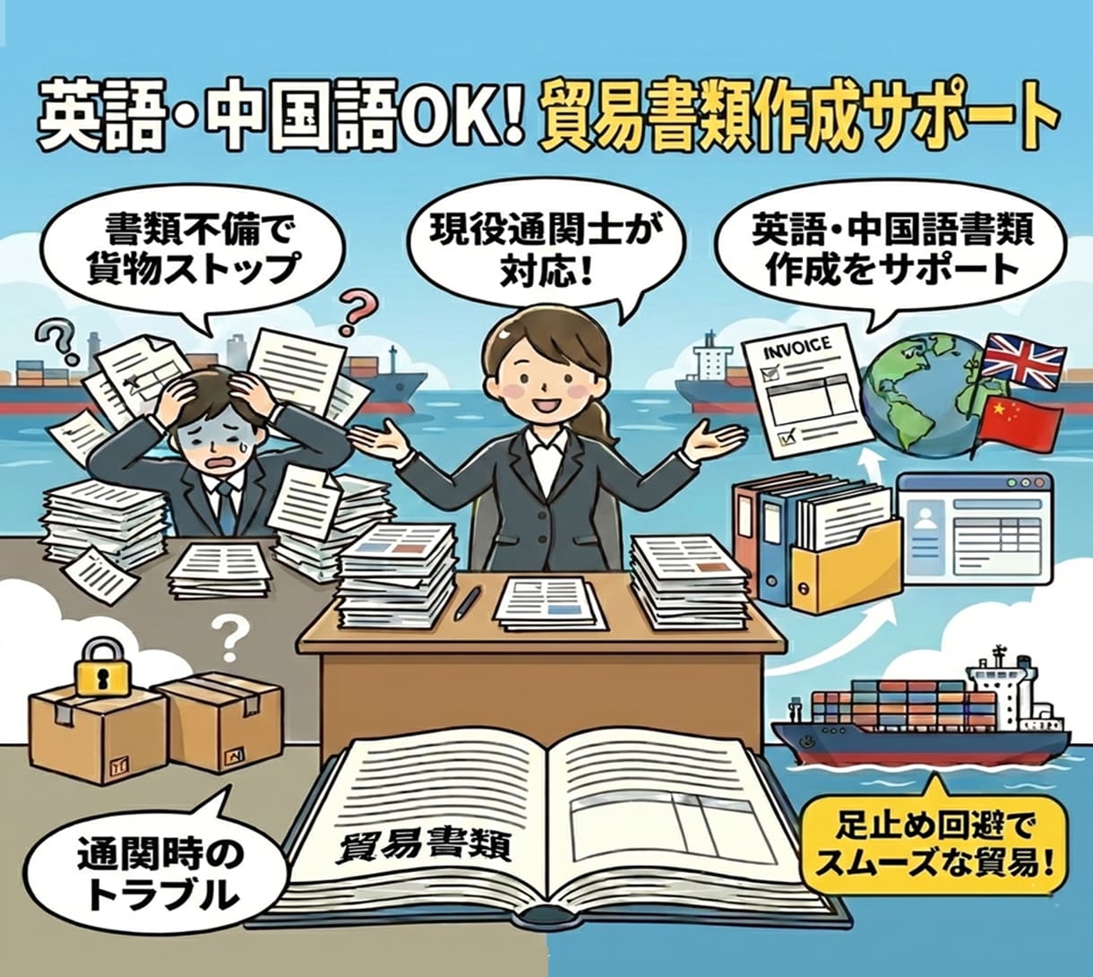 通関トラブルを防ぐ書類の作成方法を伝授します 英語・中国語も対応！▶通関士が貿易書類の作成を教えます イメージ1