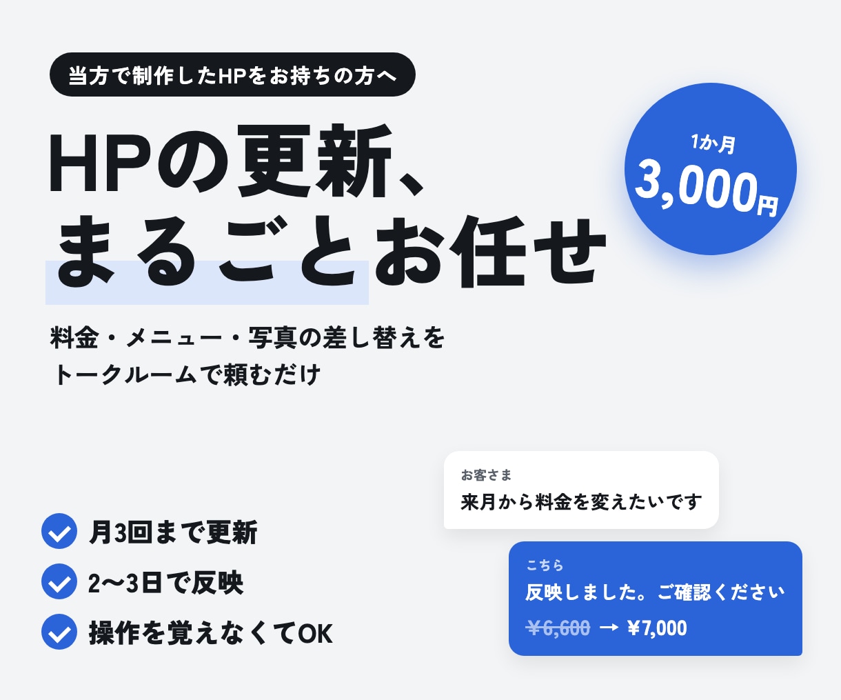 作成したホームページの更新を1か月お手伝いします 料金・メニュー・写真の差し替えを月3回まで イメージ1
