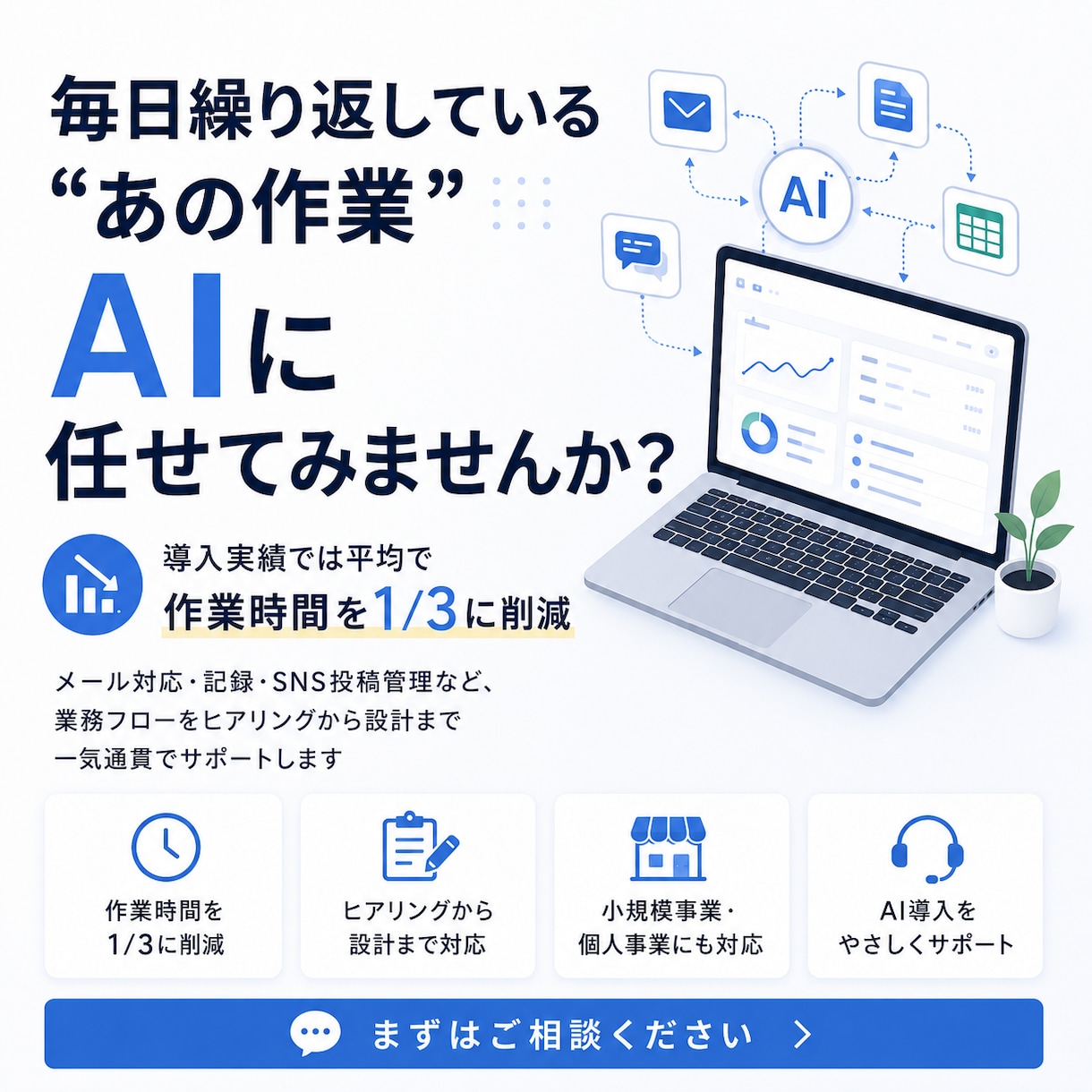 繰り返し業務をAIで自動化します 作業時間1/3削減の仕組みを丸ごと設計します イメージ1