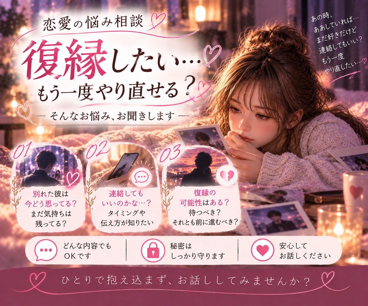 忘れられない彼との復縁の悩みをお聞きしますます もう一度やり直したい…誰にも言えない本音も聞きます イメージ1