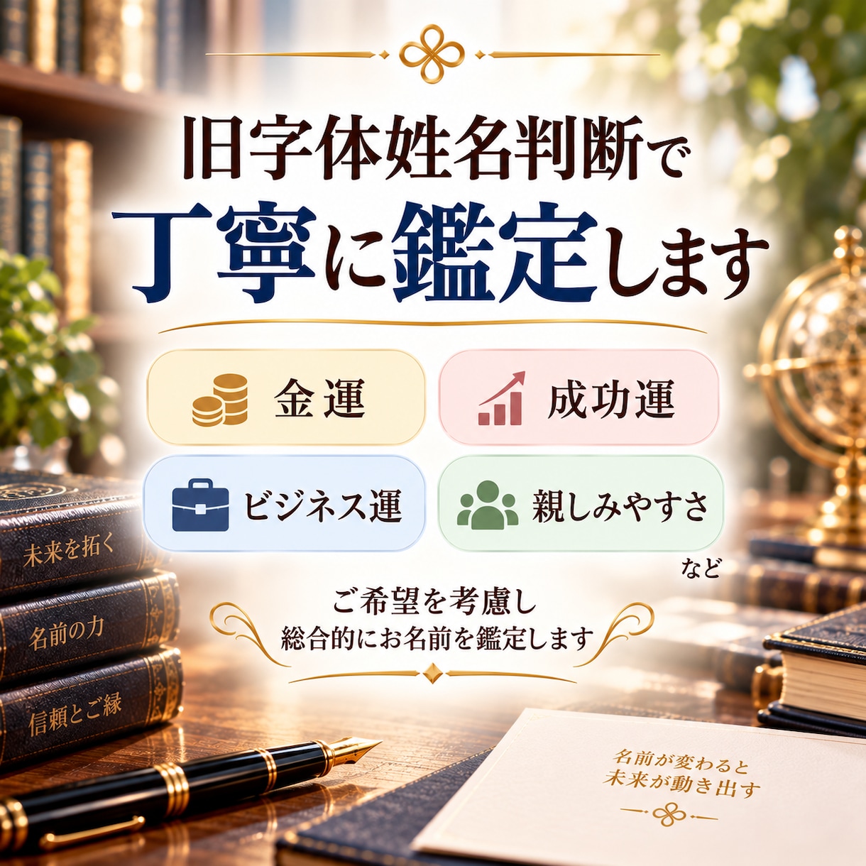 姓名判断で素敵なビジネスネームをご提案しますます 仕事運・金運も考慮☆ペンネーム・芸名・源氏名など幅広く対応 イメージ3