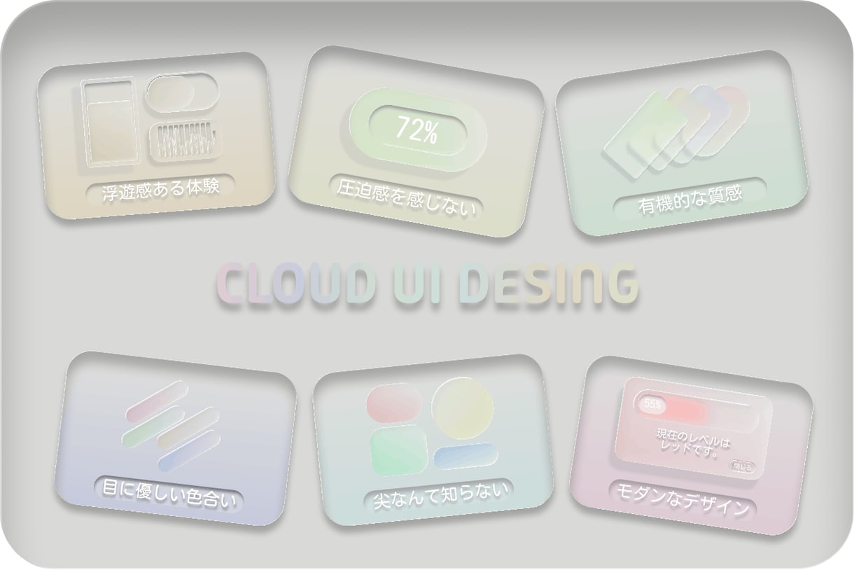 優しく見た目で使いやすいuiパーツを制作します 無機質なUIを、雲のような透明感と浮遊感のあるデザインへ。 イメージ1