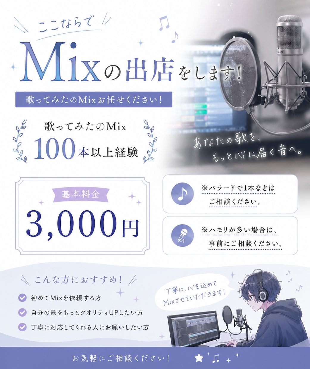 最安！100件以上の実績！歌ってみたをMixします 安いマイクでも。初心者さんでも大歓迎！ イメージ1