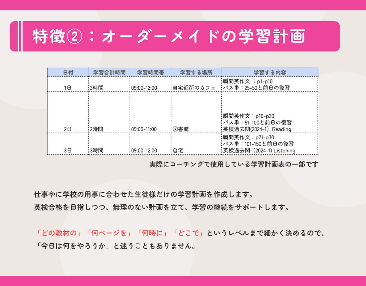 2ヶ月の集中英検対策コーチングをします レッスン8回/毎日の進捗管理/ライティング添削10回 イメージ4
