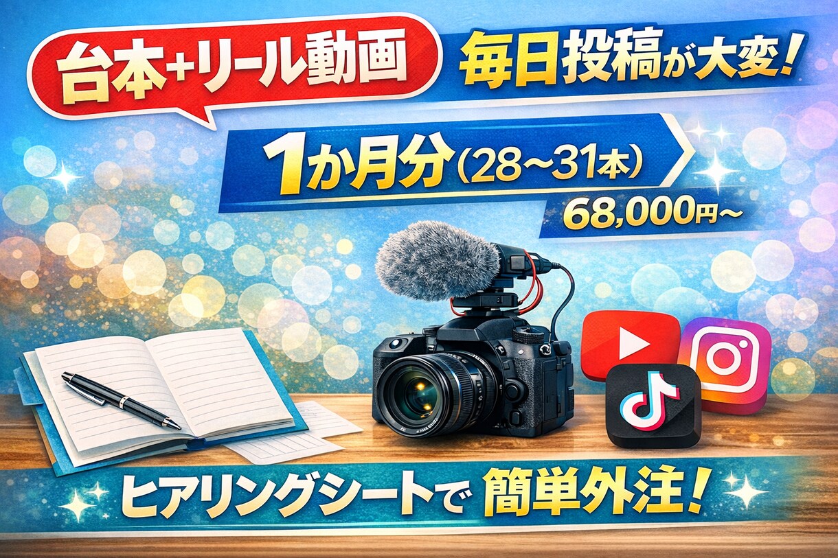 簡単に外注！！台本〜動画作成を丸投げできます 毎日投稿のリール動画を1ヶ月分制作します！！！ イメージ1