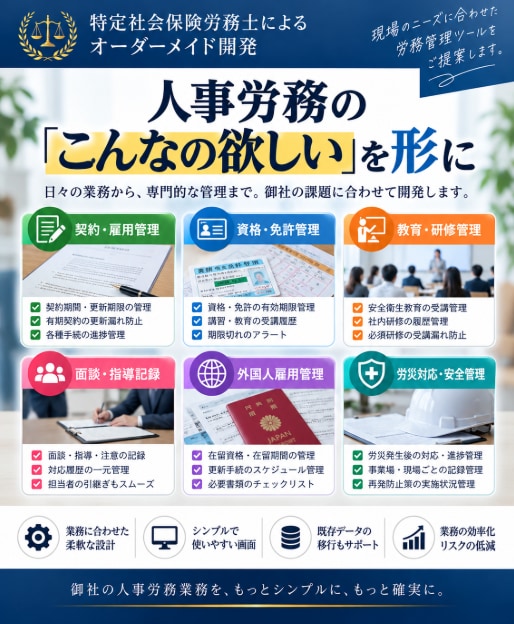 社労士が御社専用の労務管理ツールを開発します 「こんな管理ができたら」を、労務の専門家が形にします イメージ3