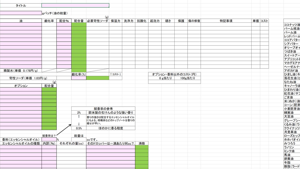 手作り石鹸レシピ作成表（エクセル）を販売します オリジナルレシピが簡単に作れる！手作り石鹸の材料計算を自動化 イメージ1