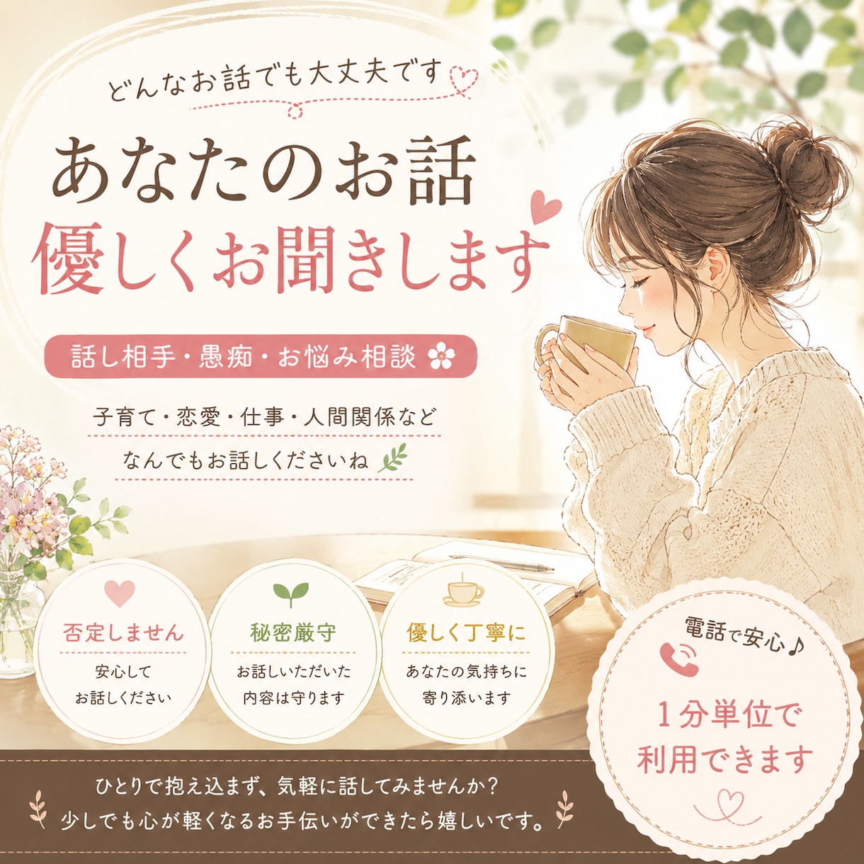 どんなお話でも優しく最後までお聞きします あなたの気持ちにそっと寄り添います✳︎ イメージ1