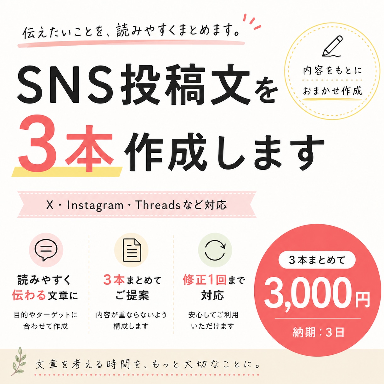 伝えたいことを読みやすいSNS投稿文に整えます SNS投稿文を3本まとめて作成します イメージ1