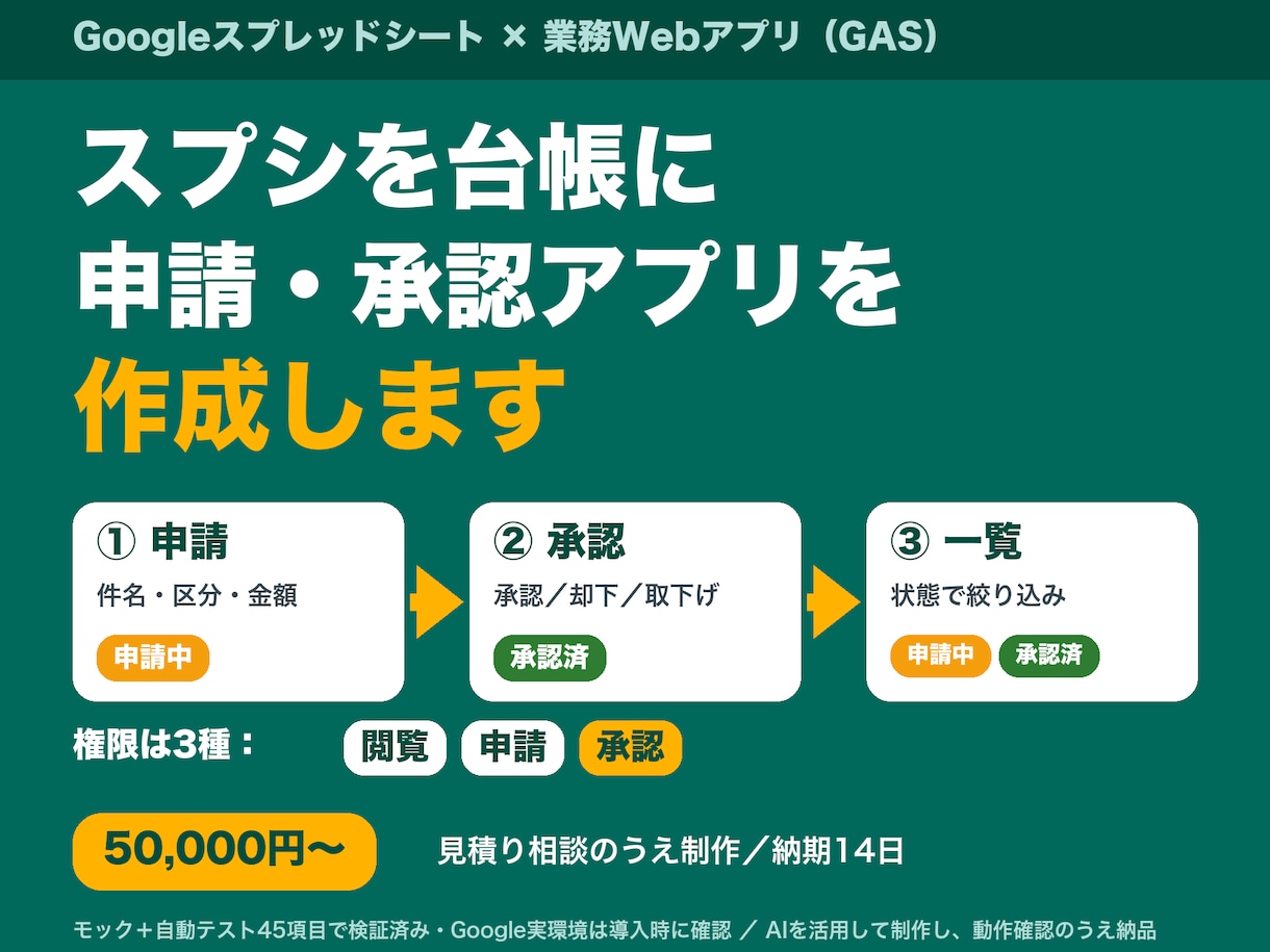 スプシ台帳の申請・承認Webアプリを作成します 申請・承認・一覧｜権限3種｜モック検証済み イメージ1