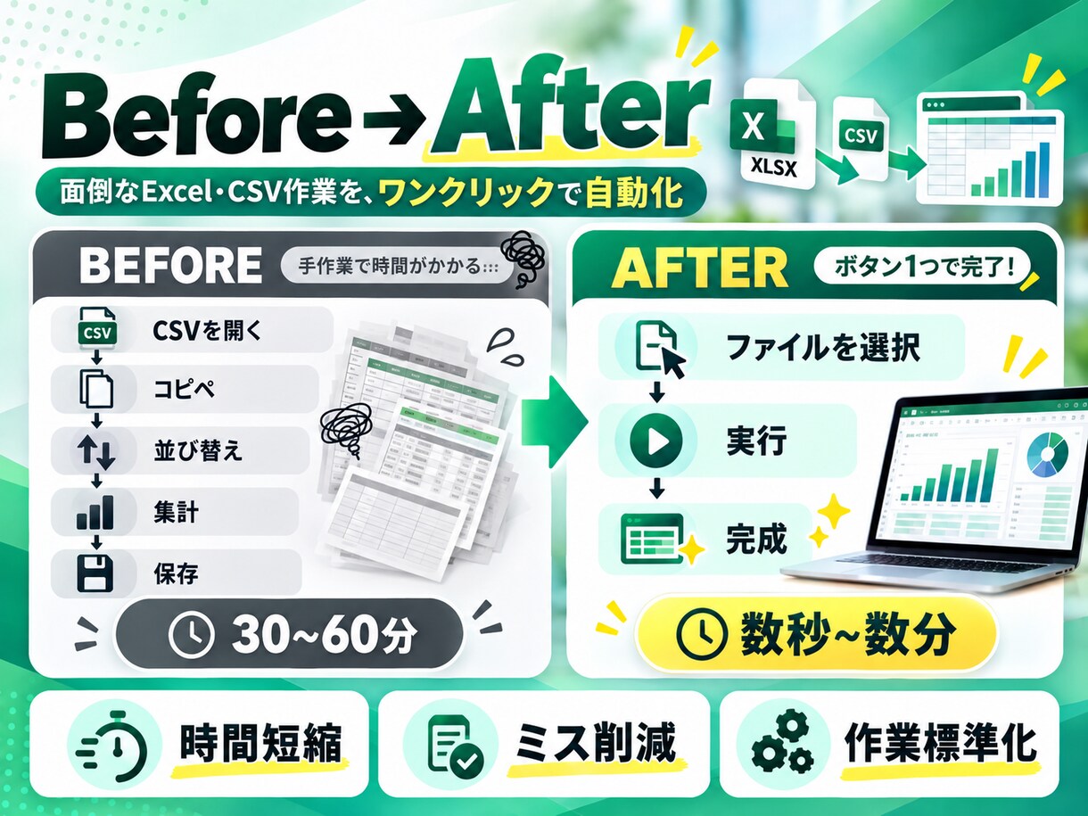 Excel・CSV自動化します 毎日のコピペ・集計・整形作業をラクにします イメージ3