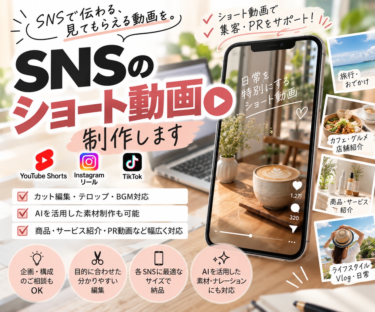 AI×動画編集で、ショート動画を制作します AIを活用してSNSで使えるショート動画を制作します！ イメージ1
