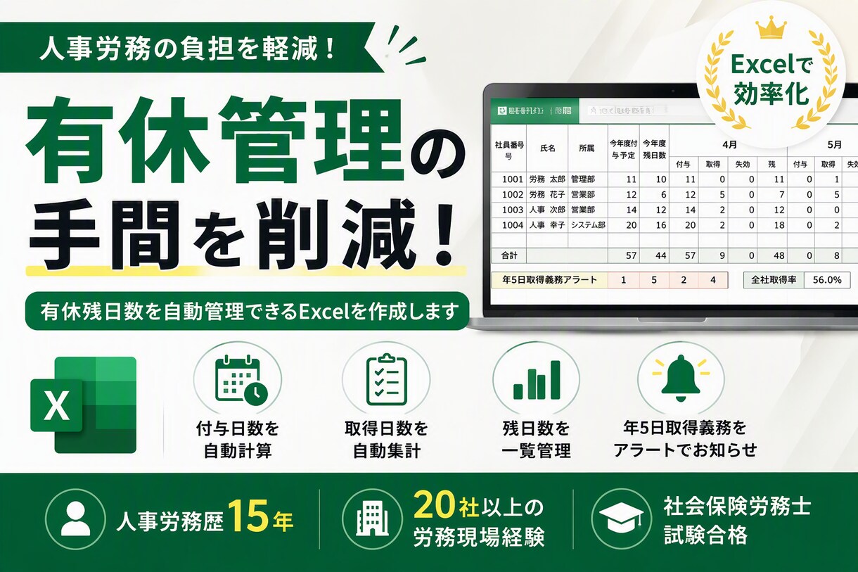 有休管理を効率化するExcelを作成します 人事労務歴15年の経験を活かして作成します イメージ1