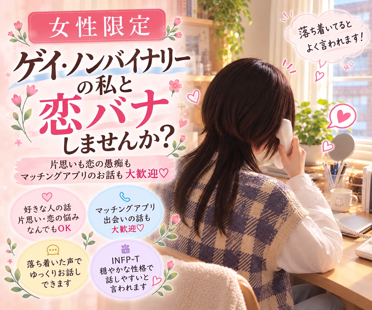女性限定！ゲイ・ノンバイナリーの私と恋バナ出来ます マチアプで男性同士の出会いを長く経験した私とお話しませんか？ イメージ1