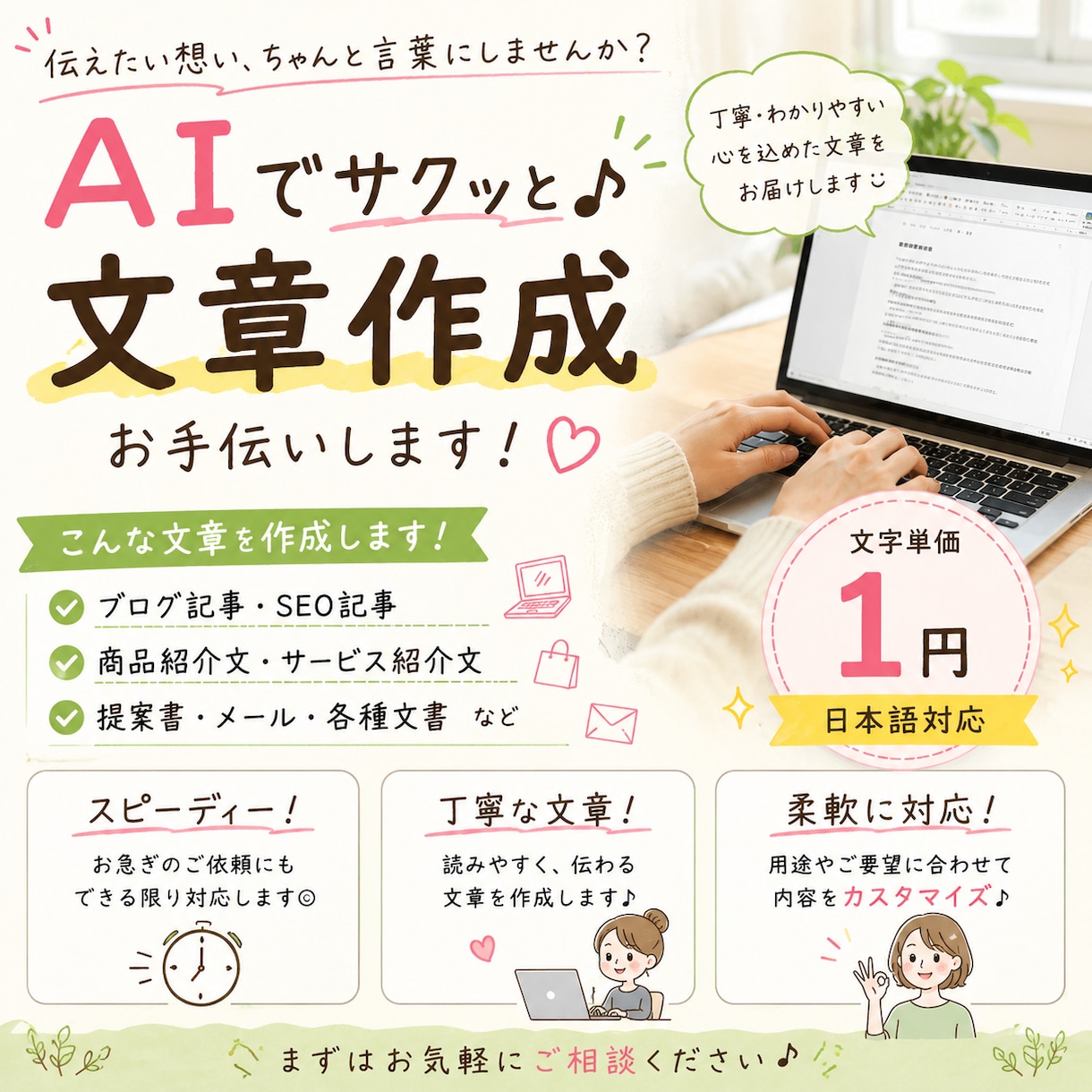 文章作成、面倒じゃない？あなたの代わりに作ります SEO記事・ブログ・商品紹介を用途に合わせて丁寧に作成します イメージ1