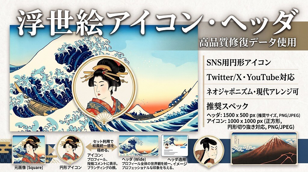 プロ修復の浮世絵でSNSアイコン＆ヘッダー作ります 【法人500社実績】高品質浮世絵から編集 イメージ1