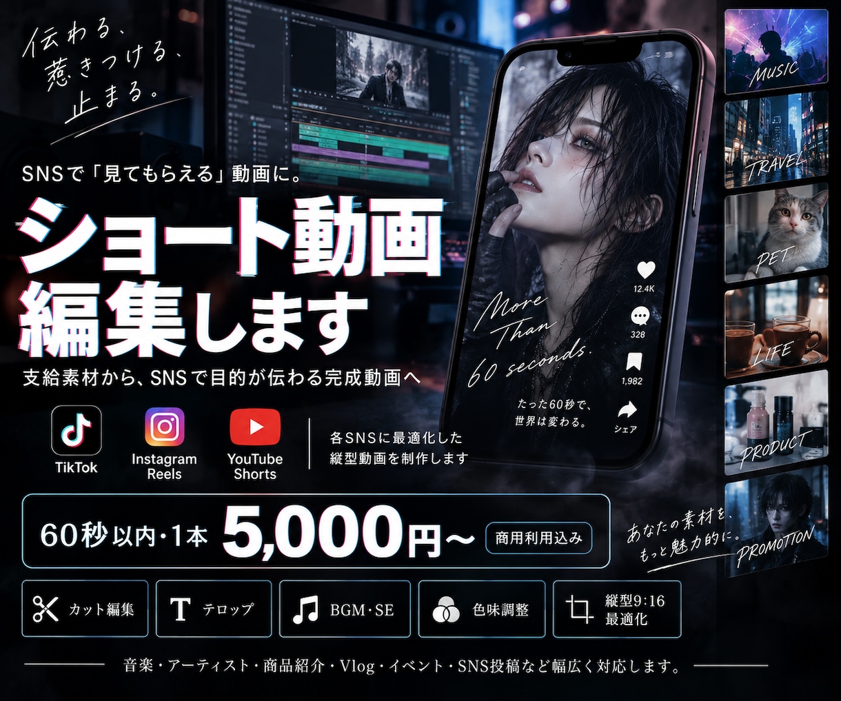 縦型ショート動画を見やすくテンポよく編集します 支給素材から、SNSで目的が伝わる完成動画へ イメージ1